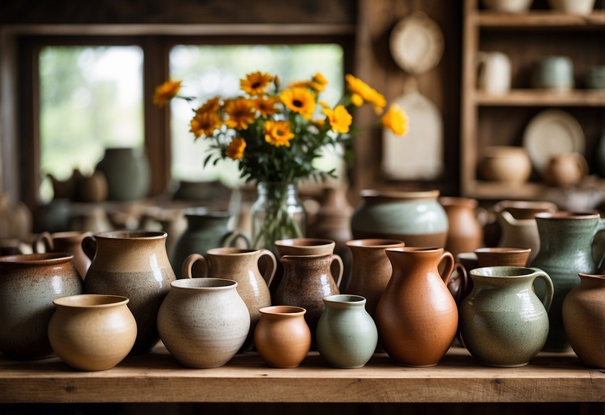 A rustic pottery studio in Seagrove, NC showcases handcrafted vases, bowls, and mugs in earthy tones. Sunlight filters through the windows, illuminating the textured surfaces of the pottery