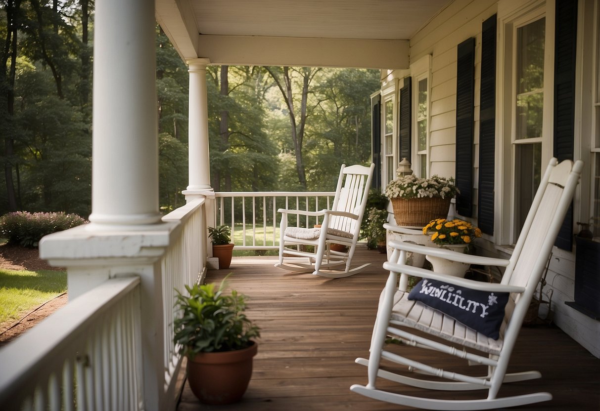 A cozy porch with rocking chairs, a pitcher of sweet tea, and a sign that reads "Southern Hospitality" welcomes guests to a North Carolina home