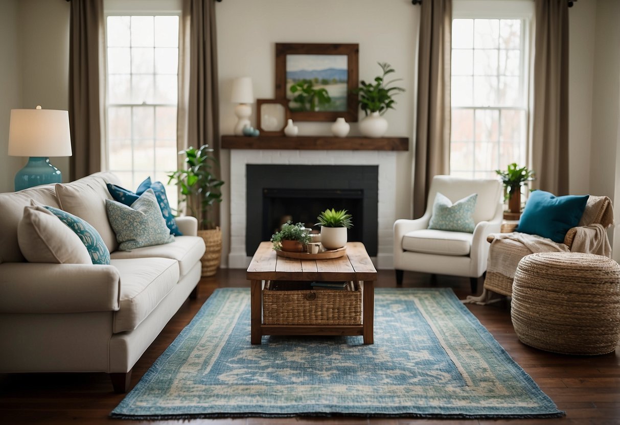 A cozy living room with rustic wooden furniture, soft earthy tones, and accents of blue and green. A large woven rug and local artwork add a touch of North Carolina charm