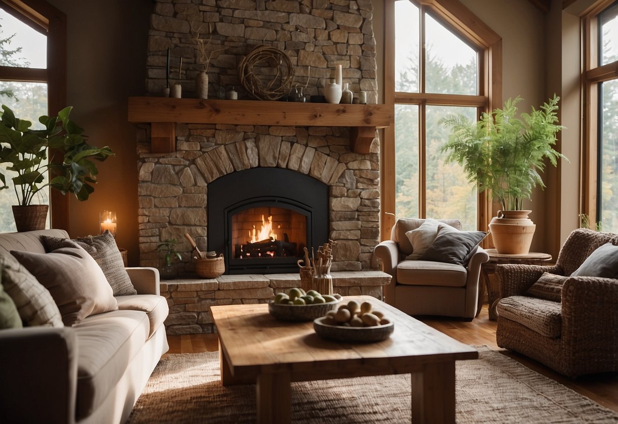 A cozy living room with a stone fireplace, wooden furniture, and woven textiles. Natural light streams in through large windows, highlighting the earthy colors and textures of the decor