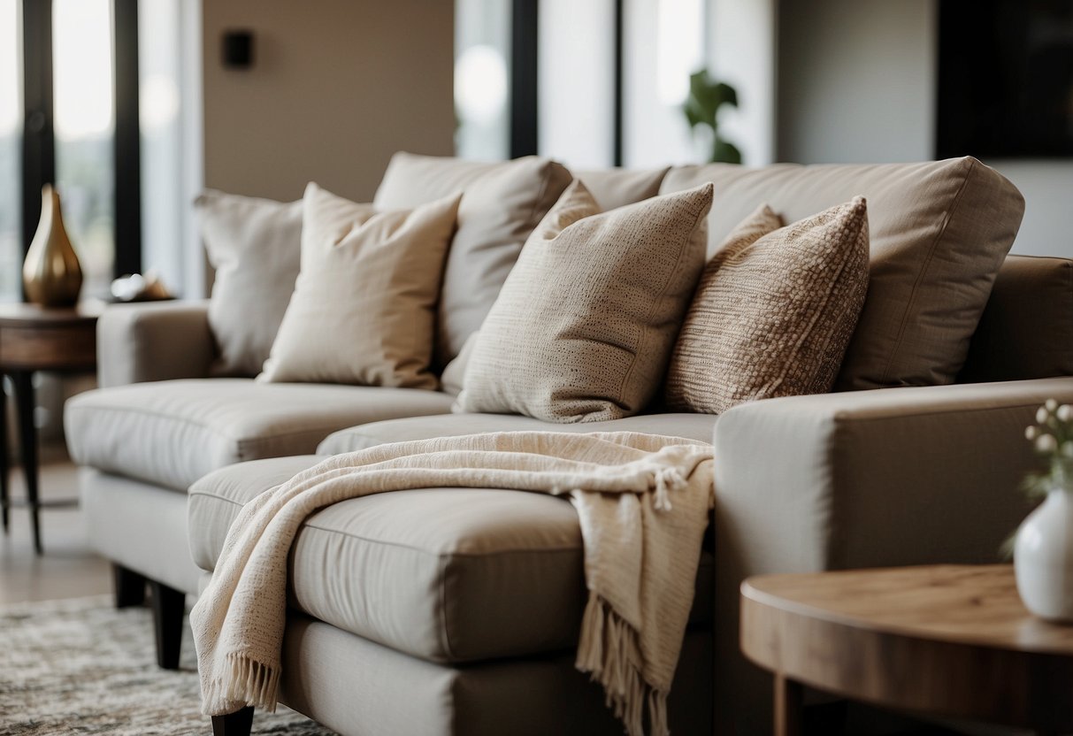 A cozy living room with sandy taupe throw pillows on a neutral-colored sofa, adding warmth and texture to the home decor