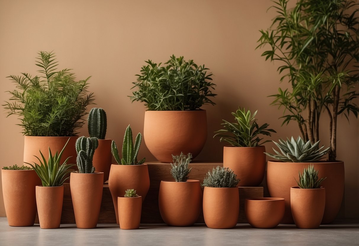 A collection of terracotta planters in various sizes and shapes, arranged on a wooden shelf against a neutral-colored wall, with soft natural light filtering in