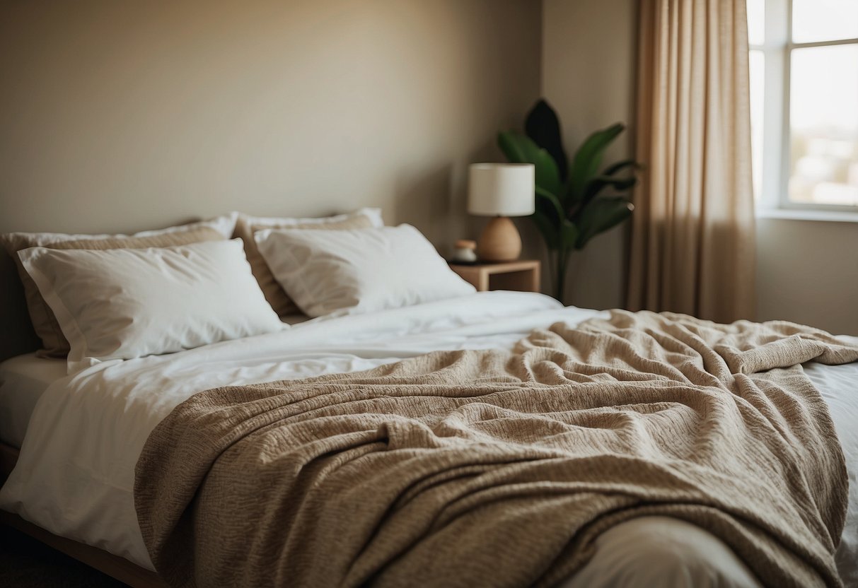 A bedroom with desert sand-colored bed sheets, neutral home decor, and a serene atmosphere