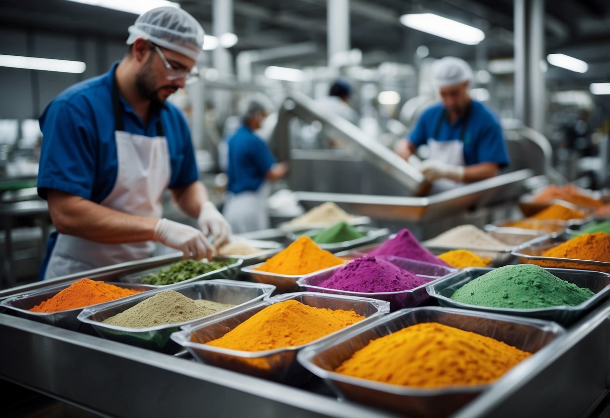 A bustling factory floor with machines mixing and packaging vibrant superfood powders in colorful bags. Workers monitor the process, ensuring quality and efficiency