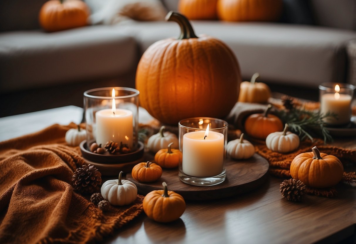 A cozy common area with pumpkins, autumn leaves, and warm-colored throw blankets. A table is adorned with a festive centerpiece and decorative candles