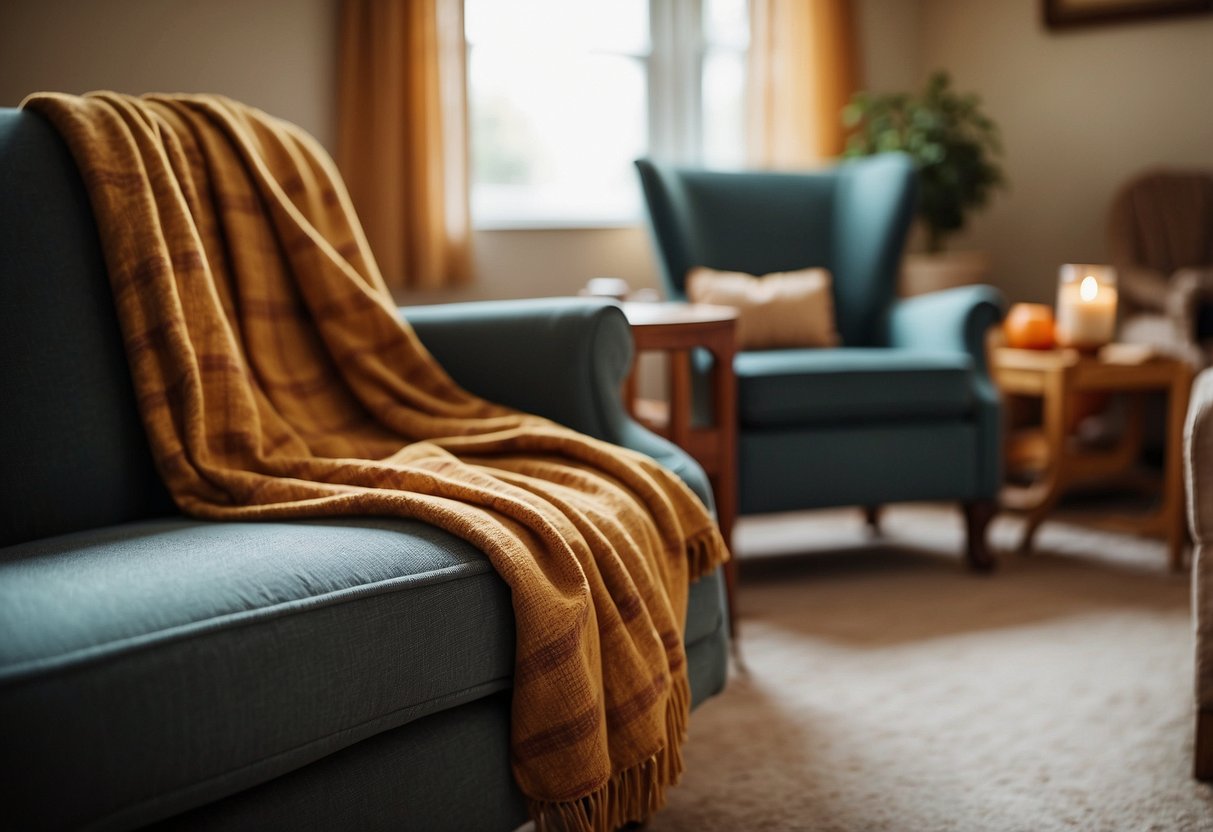 Cozy flannel throw blankets draped over armchairs and sofas in a nursing home common area, with autumn-themed decor accents scattered around