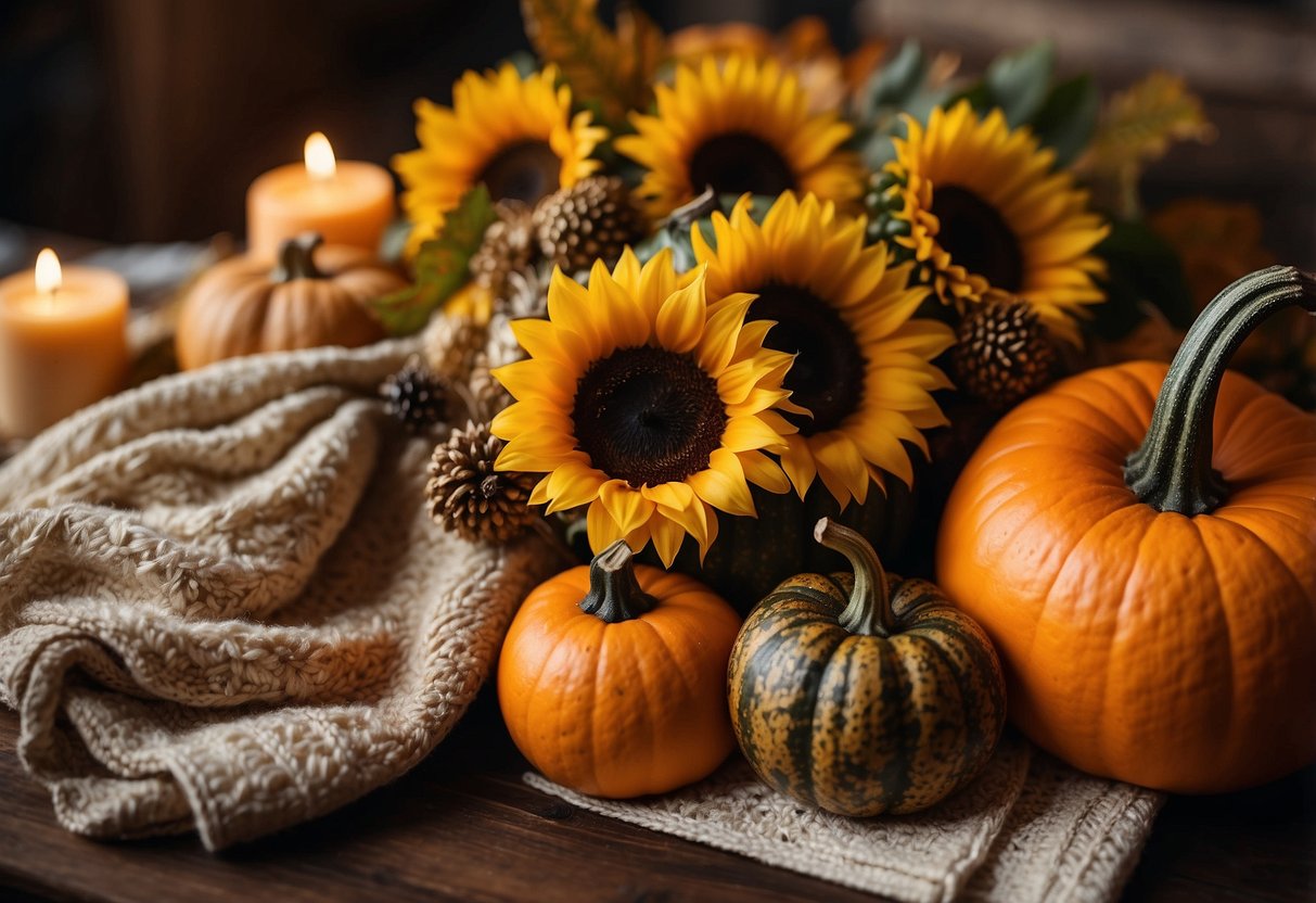 A cornucopia overflowing with autumn leaves, pumpkins, gourds, and sunflowers sits on a table, surrounded by cozy blankets and candles