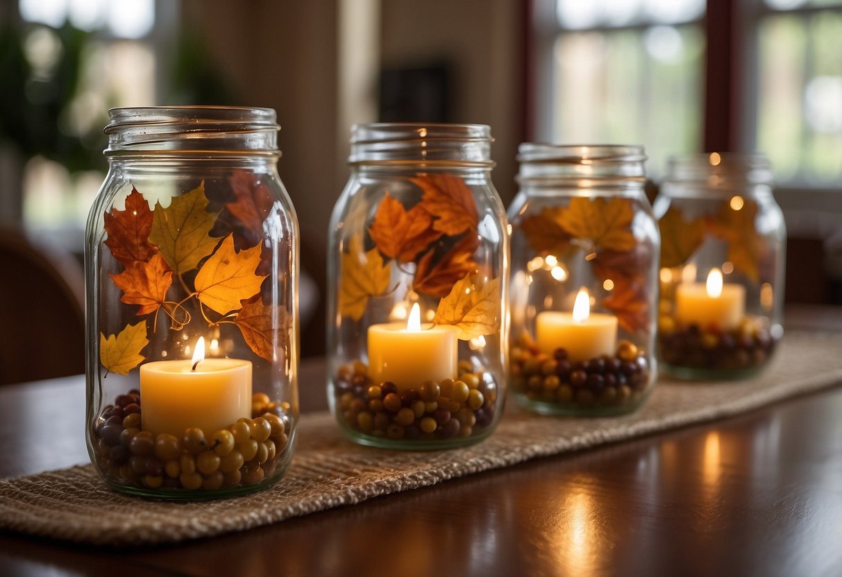 Mason jars filled with autumn leaves and candles, arranged on tables in a cozy nursing home dining room