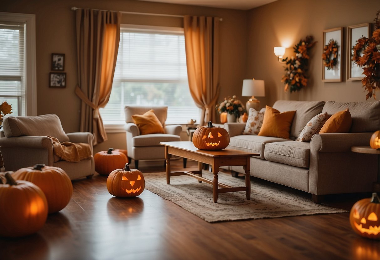 A cozy nursing home room adorned with fall-themed decorations, including pumpkins, colorful leaves, and warm lighting, creating a welcoming and festive atmosphere for residents