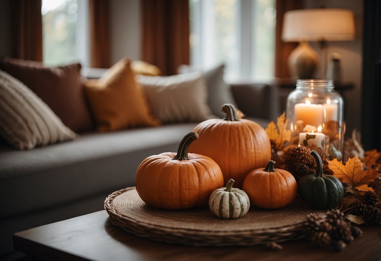 A cozy living room with warm, earthy colors and soft textures. A table adorned with pumpkins, gourds, and autumn leaves. A fireplace flickering in the background adds a comforting touch