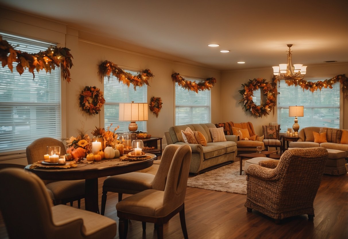 A cozy nursing home room with handmade fall decor: wreaths, pumpkins, and leaf garlands adorn the walls and tables. Warm colors and soft lighting create a welcoming atmosphere