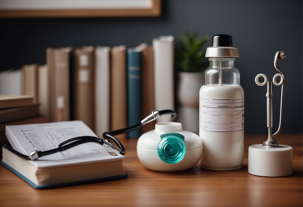 A cozy home office with nurse-themed decor: stethoscope bookends, medical chart wall art, and a desk organizer shaped like a pill bottle