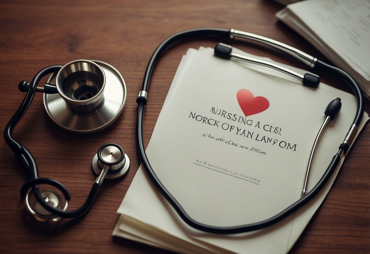 A stethoscope, clipboard, and heart-shaped decor on a desk with a framed quote "Nursing is a work of heart" in a cozy home office setting