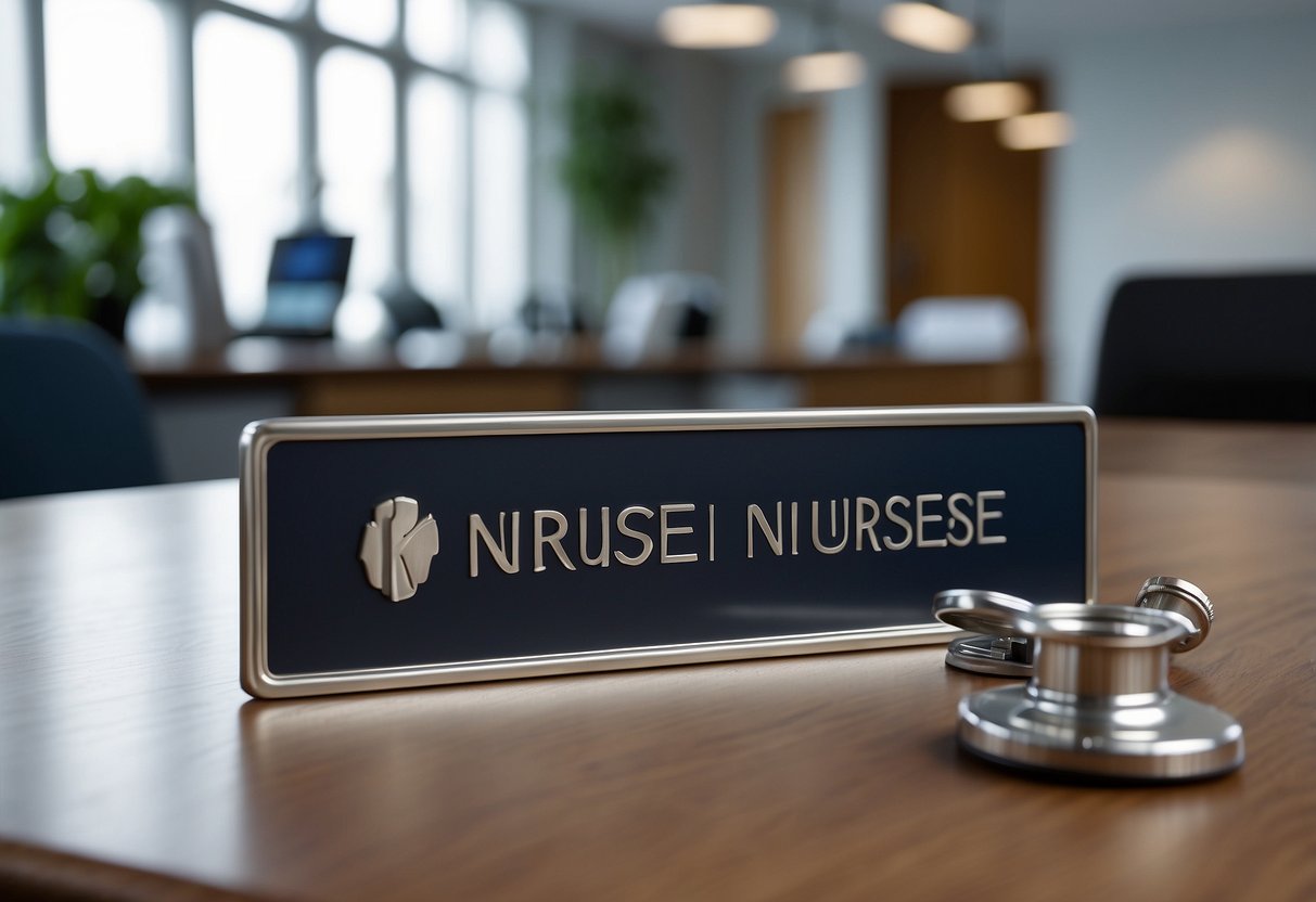 A sleek, silver name plate sits on a wooden desk, engraved with the name of a nurse. The desk is tidy, with a stethoscope and a few pens nearby