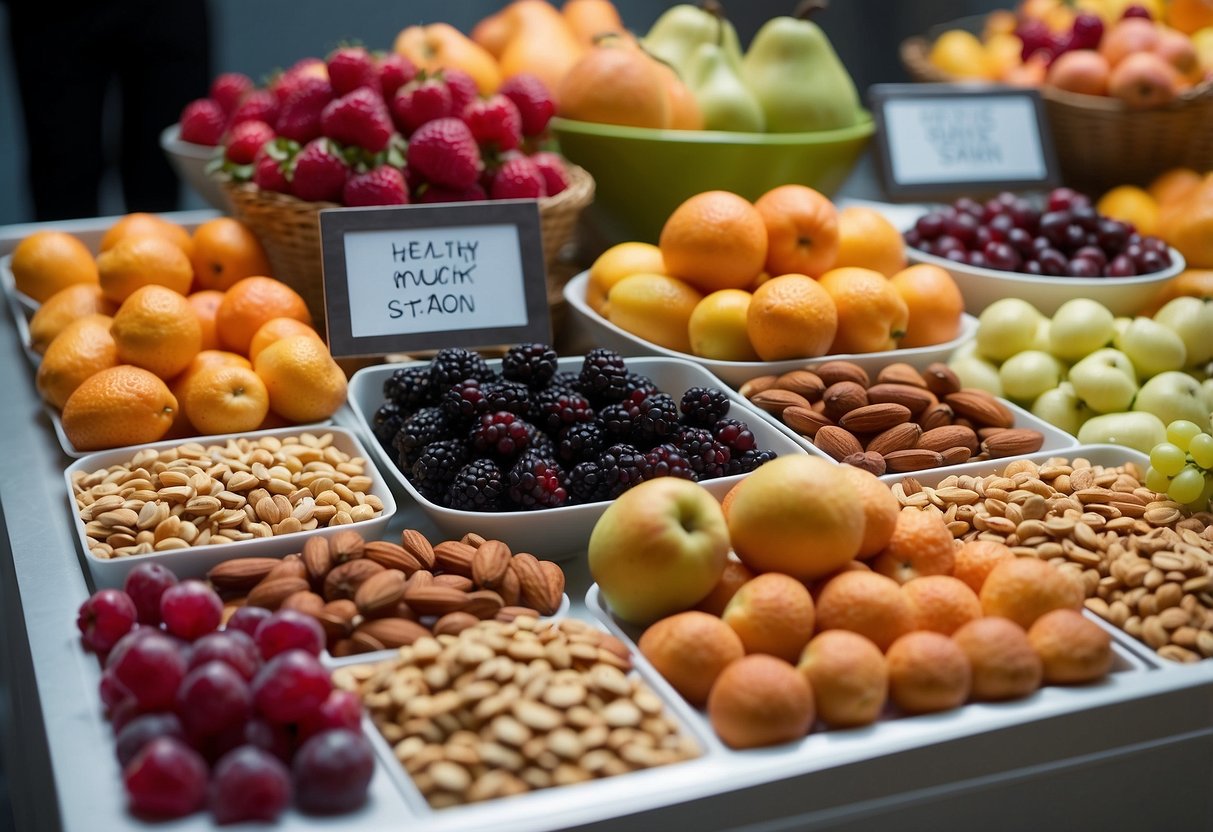 A colorful array of fresh fruits and nuts arranged on a sleek, modern snack station. A sign reads "Healthy Snack Station" in bold lettering