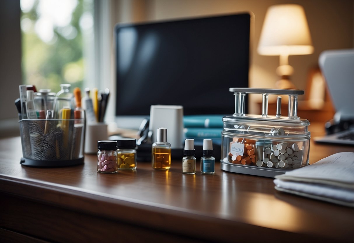 A desktop organizer with nurse-themed decor, featuring stethoscope, syringe, and pill bottle, sits on a clean and organized desk in a cozy home office setting