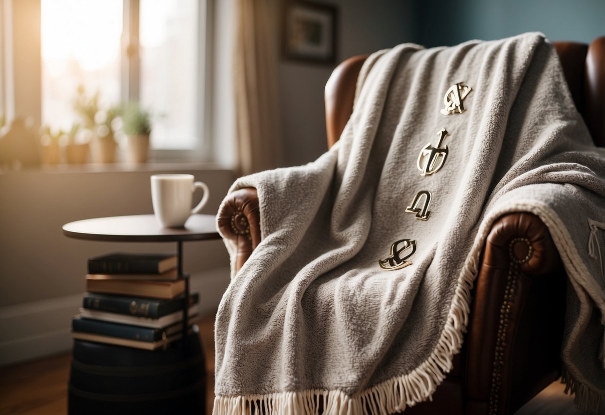 A cozy throw blanket adorned with medical symbols, draped over a comfortable chair in a home office setting