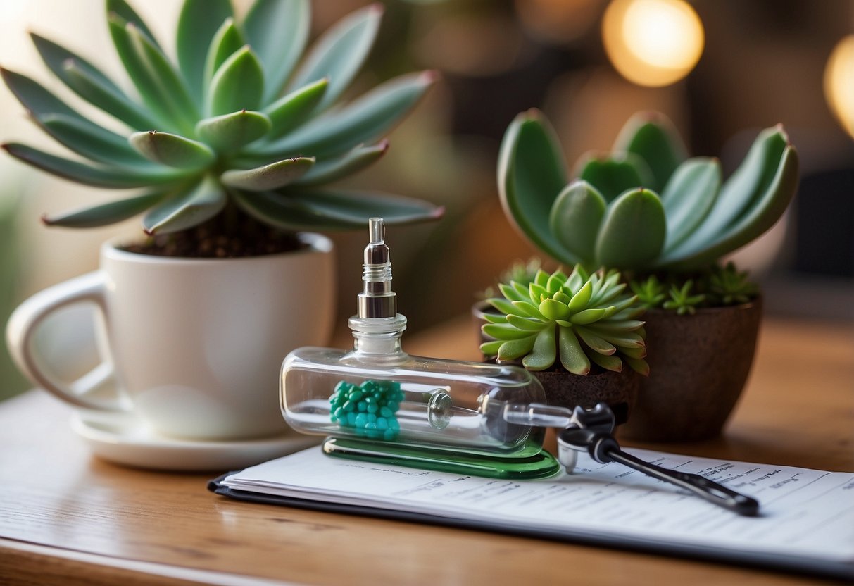 A syringe-shaped succulent planter sits on a desk, surrounded by medical-themed decor. Bright and colorful succulents add a touch of nature to the nurse's home office