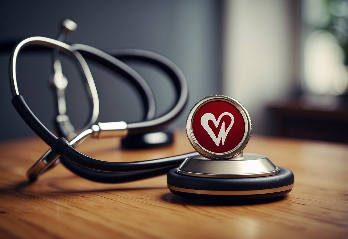 A stethoscope draped over a vintage wooden desk, with a heart-shaped EKG graph print hanging on the wall