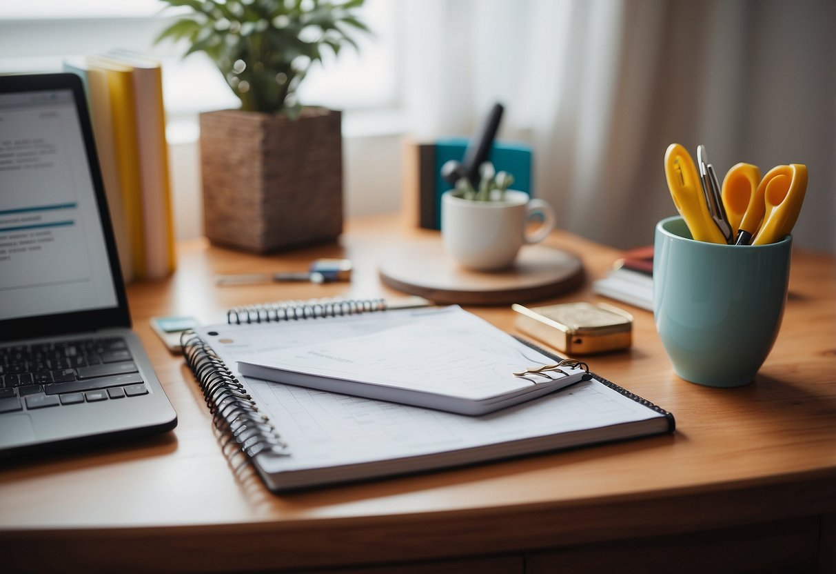 A brightly lit home office with a motivational weekly planner as the focal point, surrounded by colorful decor and nursing-related items