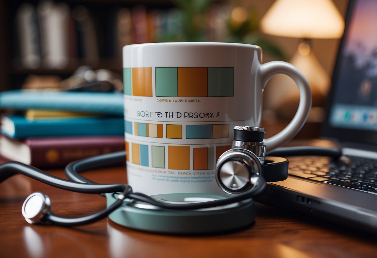 A stethoscope draped over a nursing-themed coffee mug, surrounded by medical books and a laptop, on a desk in a cozy home office