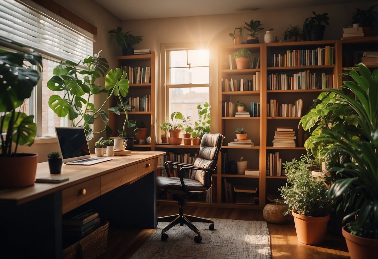 A cozy home office with warm lighting, soft throw pillows, and potted plants. A bookshelf filled with colorful books and a comfortable chair invite relaxation