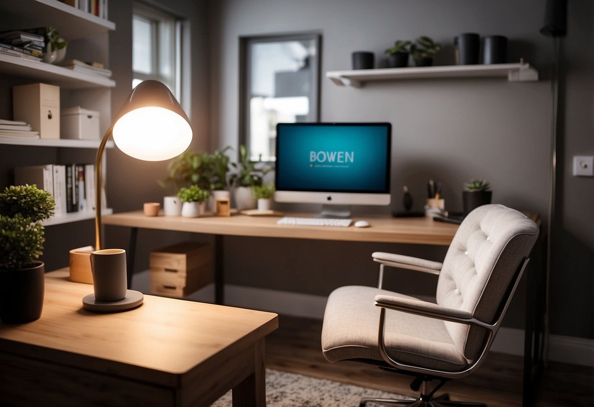 A sleek desk with a comfortable chair, organized shelves, and a stylish lamp create a functional and stylish home office for a nurse