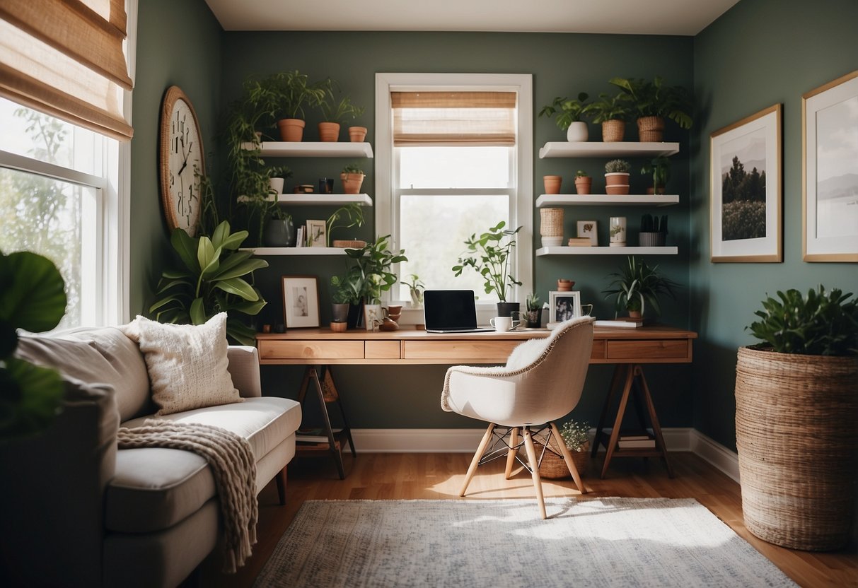 A cozy home office with calming colors, inspirational quotes on the wall, and a comfortable chair for relaxation. Plants and natural light add a touch of serenity