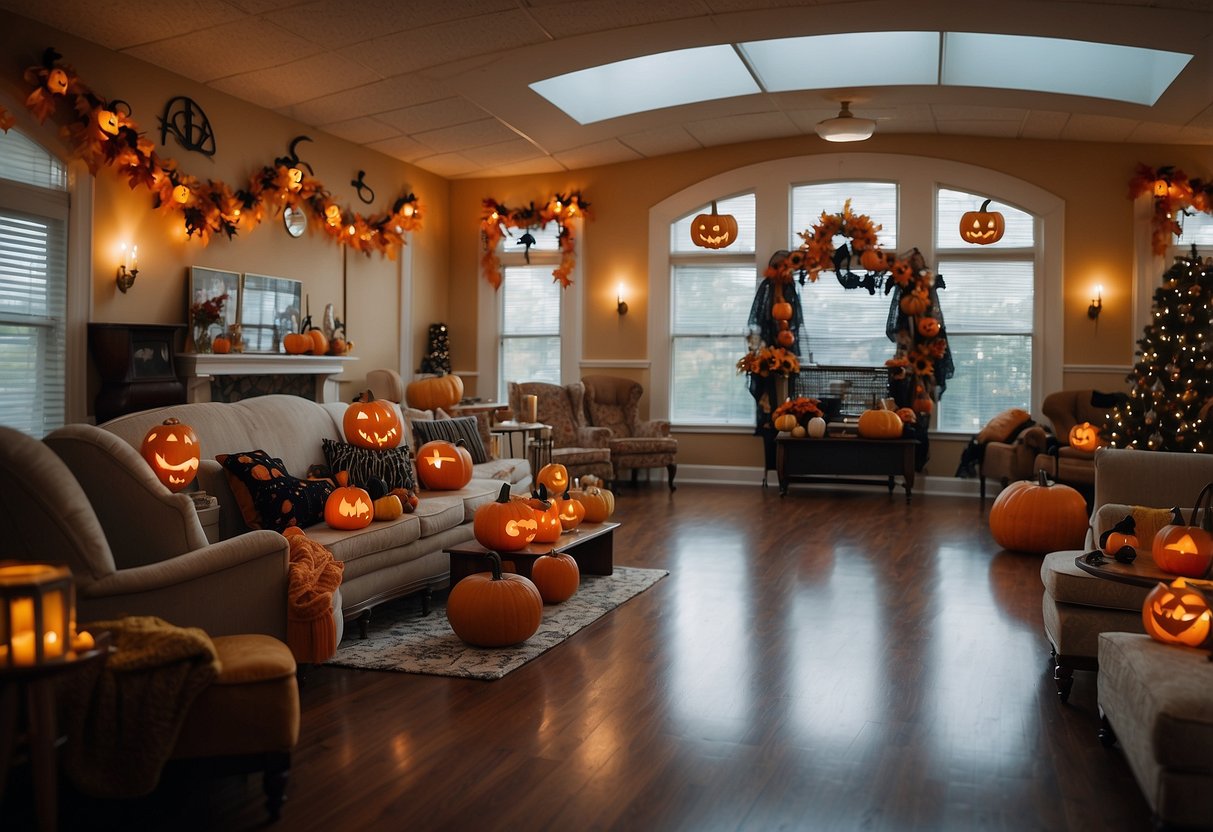 A nursing home common area decorated with Halloween-themed items such as pumpkins, spider webs, and spooky lights