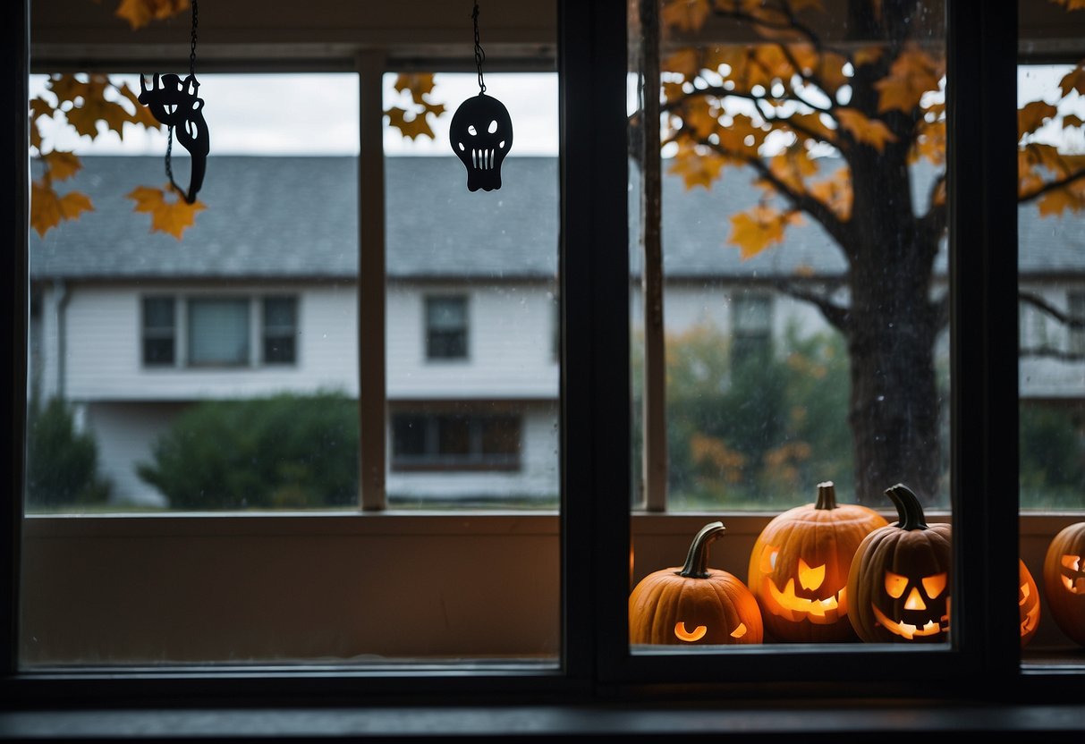 A dark, eerie window adorned with spooky Halloween clings at a nursing home