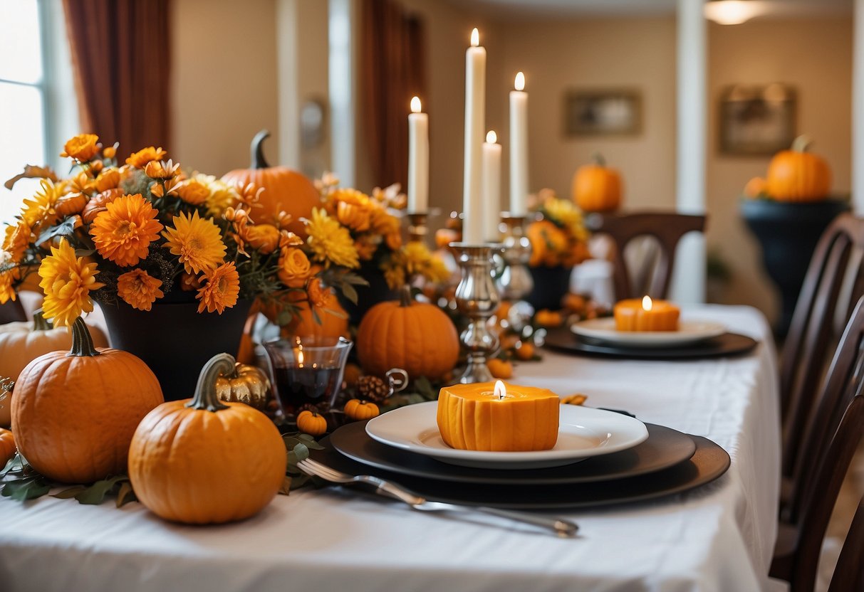 A table adorned with pumpkin spice centerpieces, surrounded by Halloween decor, creates a festive atmosphere in the nursing home