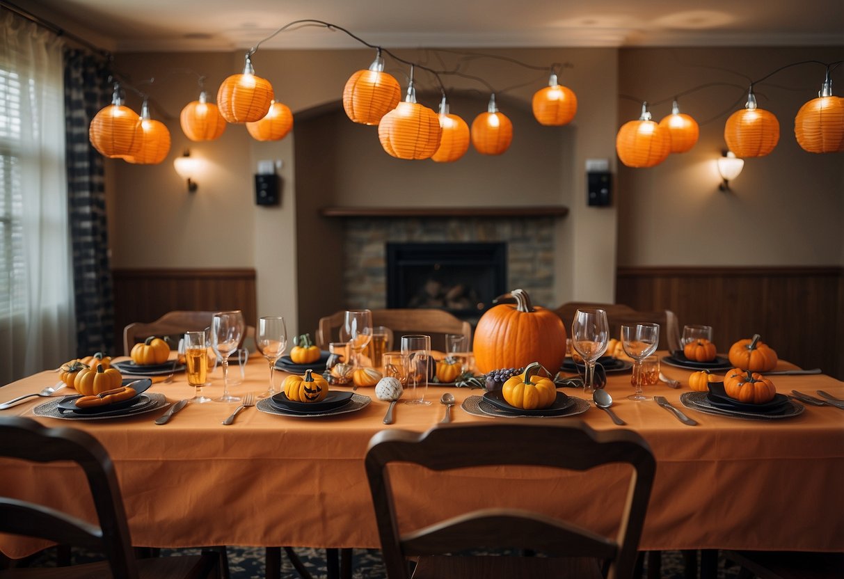 A festive nursing home dining room with Halloween-themed tablecloths and decor