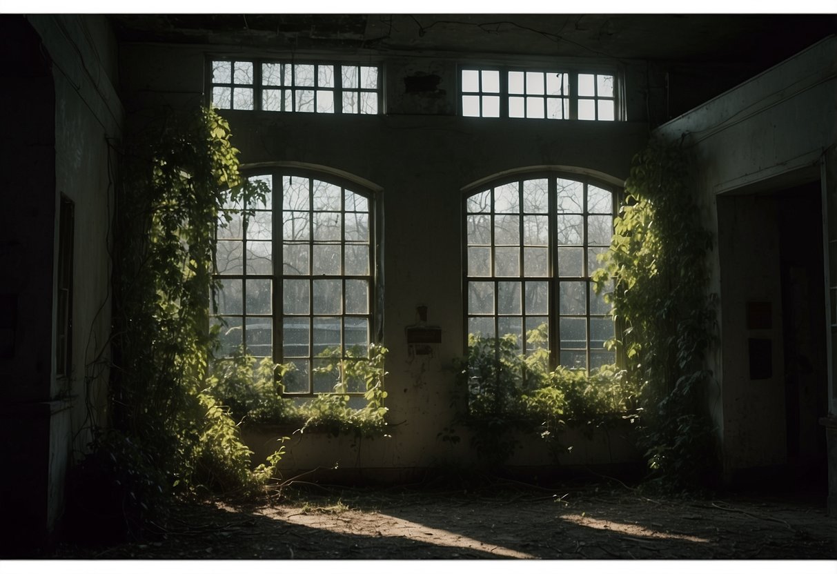 A dilapidated nursing home with overgrown vines, broken windows, and flickering lights. Eerie shadows cast on the walls, with ghostly figures appearing in the windows