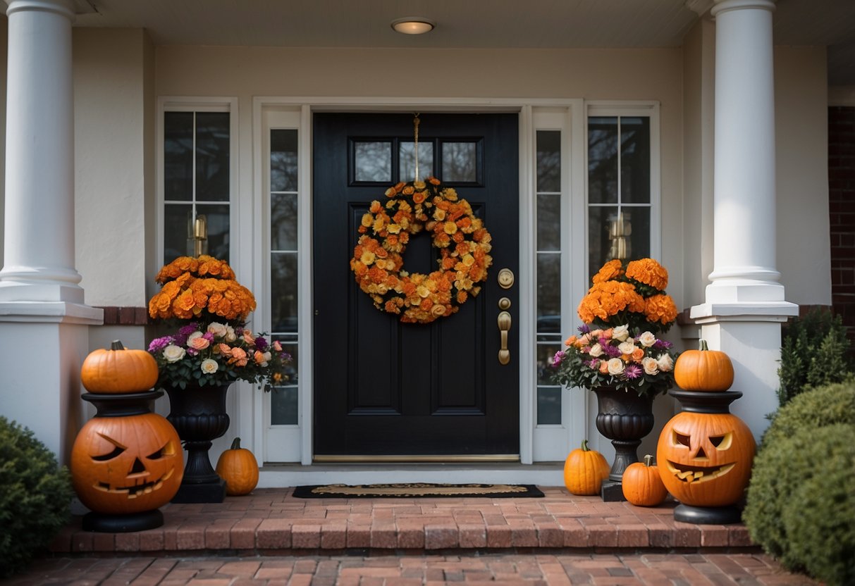 Colorful door wreaths adorn a nursing home entrance, celebrating Halloween with festive decor