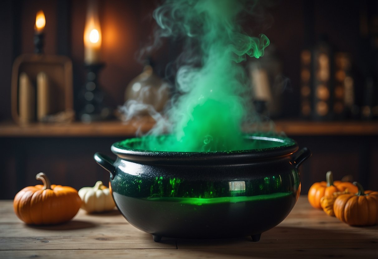 A cauldron bubbles with green smoke as witch props hover over tables in a nursing home Halloween decor