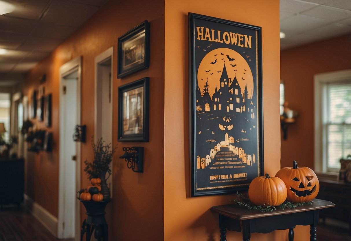 A vintage Halloween poster hangs on the wall of a nursing home, surrounded by festive decorations and spooky Halloween-themed items