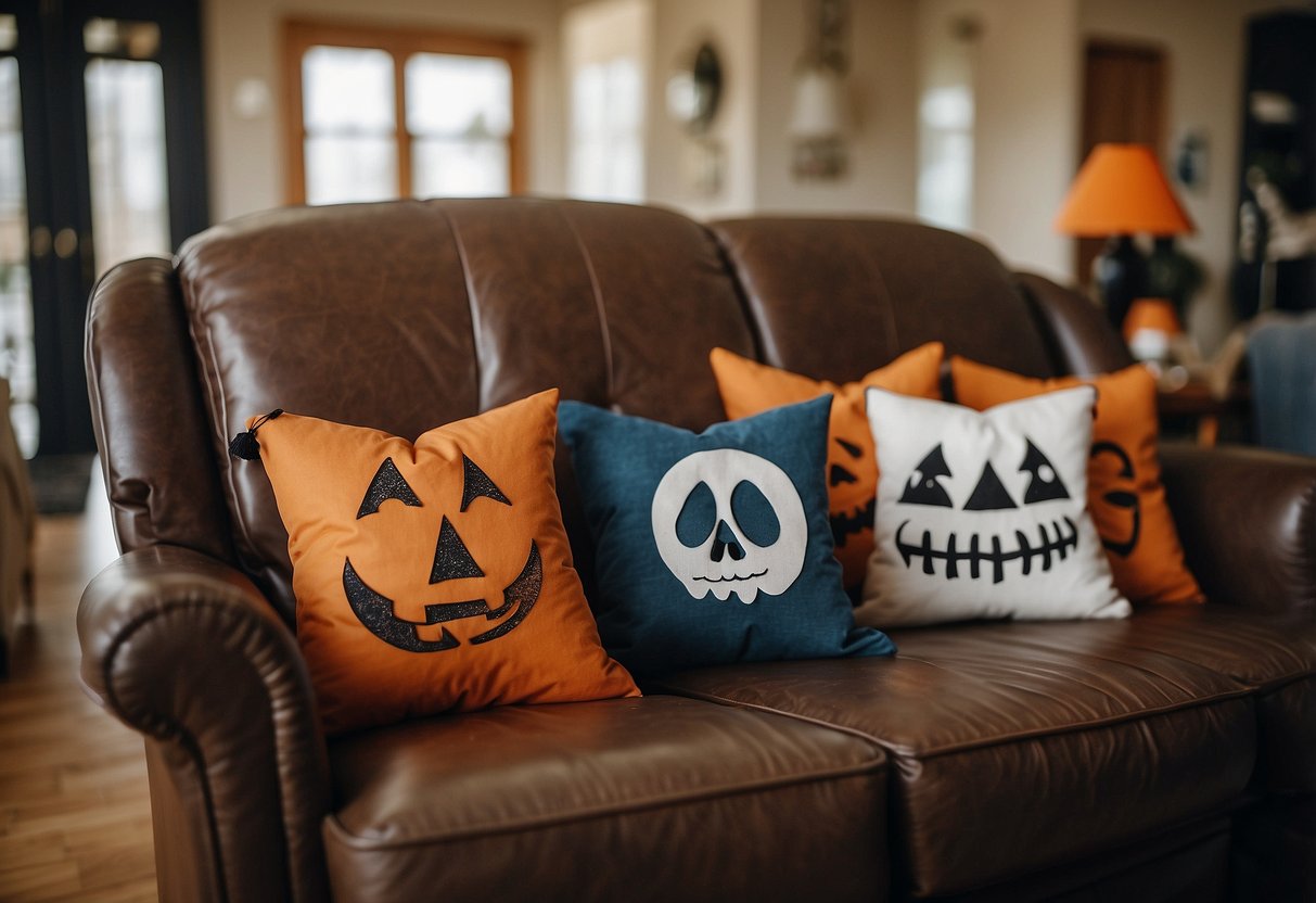 Colorful throw pillows with spooky designs scattered on cozy armchairs and sofas, adding a festive touch to the nursing home's Halloween decor