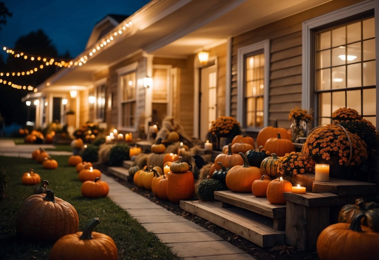 A cozy nursing home adorned with warm lighting, festive pumpkins, and friendly scarecrows, creating a welcoming atmosphere for Halloween