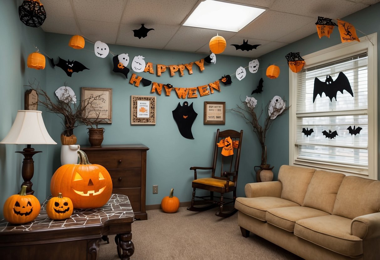 A nursing home common area adorned with homemade Halloween decorations, including paper ghosts, pumpkin cutouts, and spooky banners