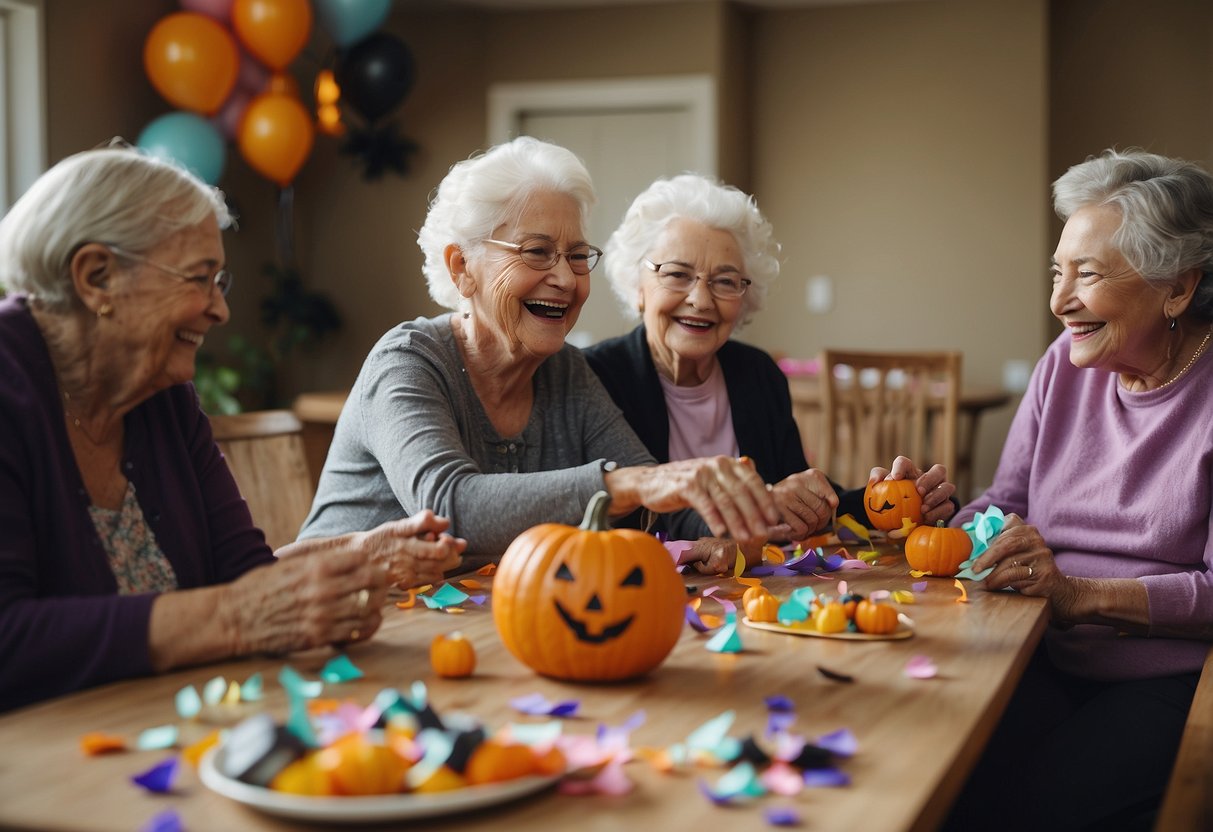 A group of elderly residents in a nursing home are gathered around a table, laughing and chatting as they create Halloween decorations together. The room is filled with colorful paper, glue, and glitter as they work on their festive crafts