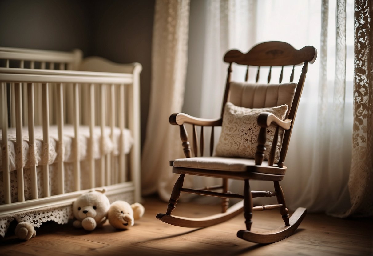 A vintage rocking chair sits next to a wooden crib adorned with lace curtains. A collection of antique toys and a delicate chandelier complete the nostalgic nursery decor