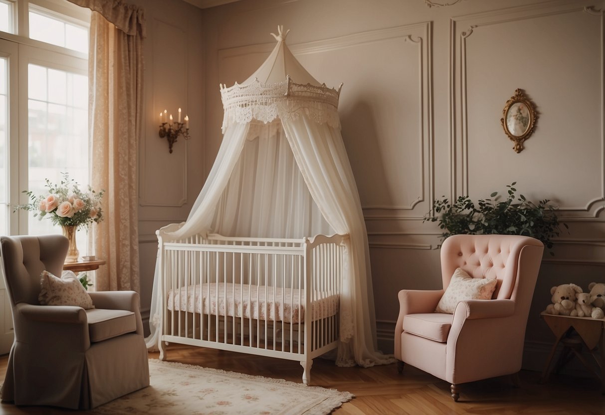 A Victorian crib with a canopy sits in a softly lit nursery, surrounded by vintage decor and delicate lace accents