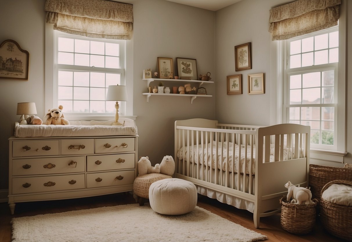 A vintage nursery with 1920s nursery rhyme prints on the wall, antique furniture, and cozy decor