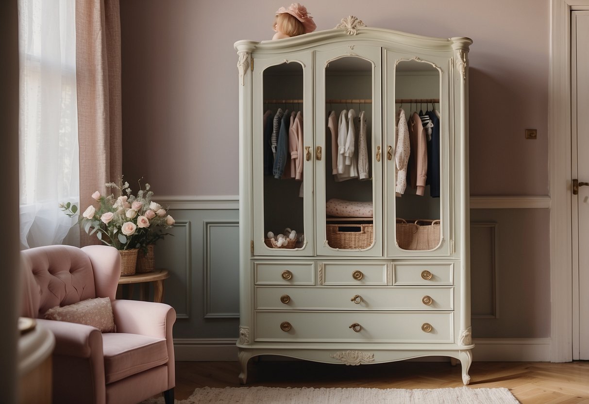 A vintage Edwardian baby wardrobe sits in a cozy nursery, surrounded by antique decor and soft pastel colors