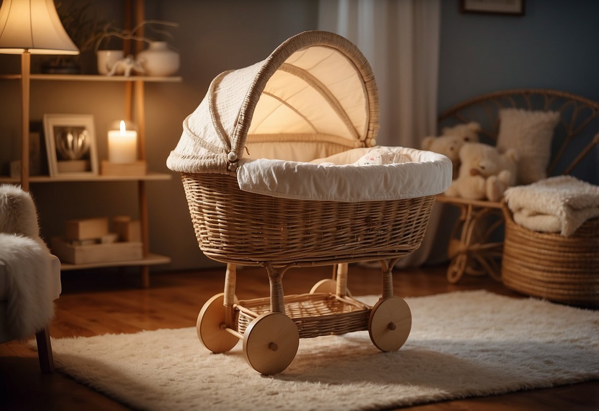 A wicker bassinet sits in a cozy nursery, surrounded by vintage decor and soft lighting