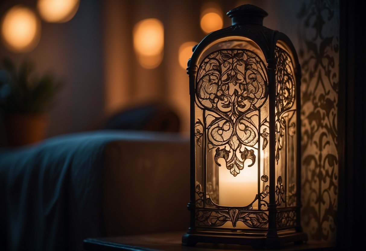 A soft glow emanates from an ornate Art Nouveau night light, casting intricate shadows on the walls of a cozy nursery