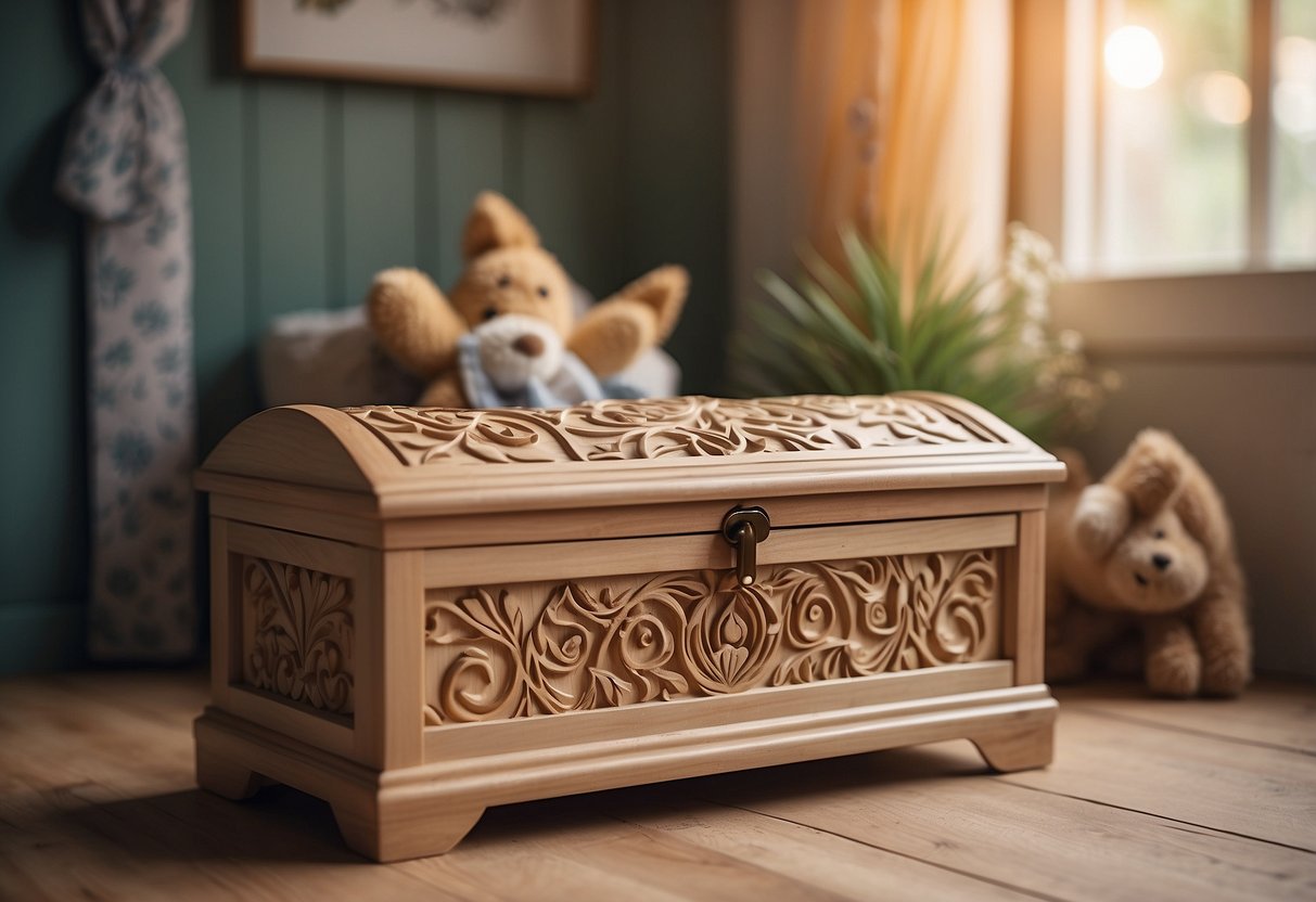 A hand-carved wooden toy chest sits in a cozy nursery, surrounded by vintage decor and soft pastel colors