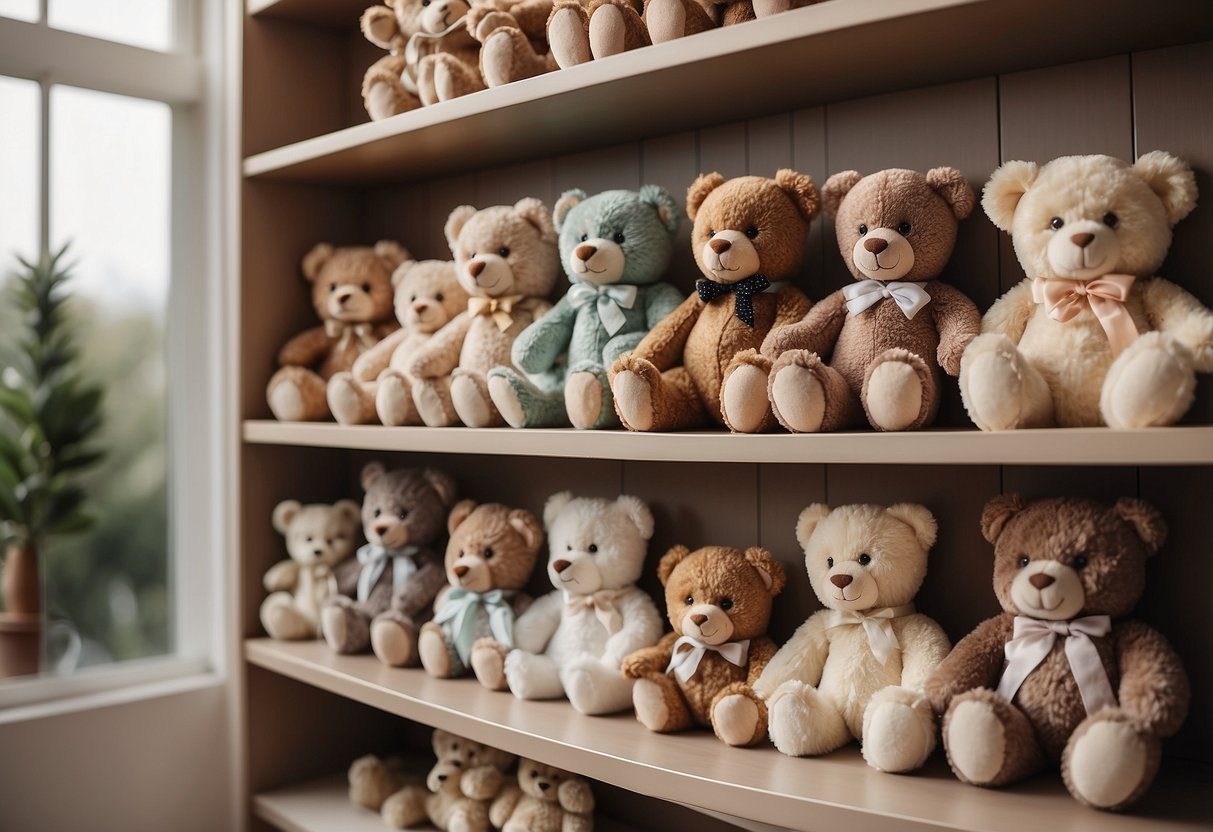 A shelf lined with vintage teddy bears, surrounded by pastel-colored nursery decor