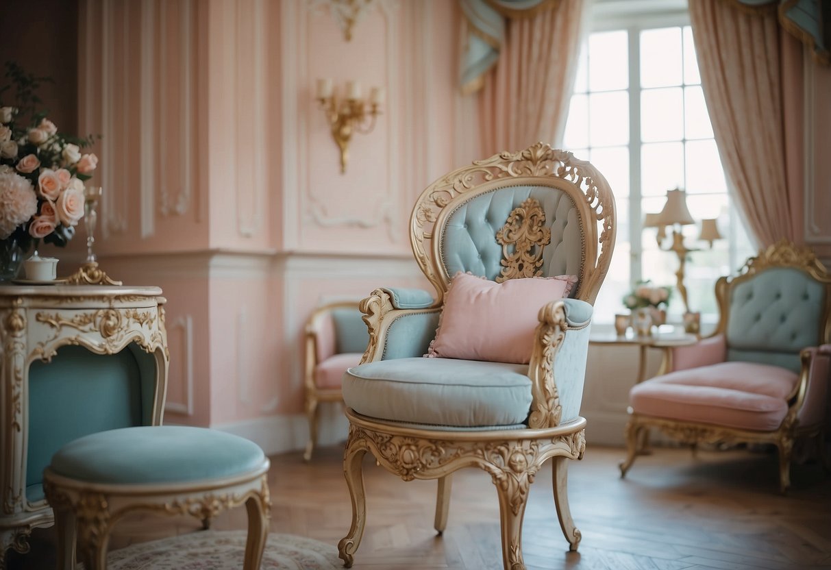 A Rococo Revival High Chair sits in a luxurious nursery, adorned with intricate carvings and delicate curves, surrounded by soft pastel colors and elegant furnishings