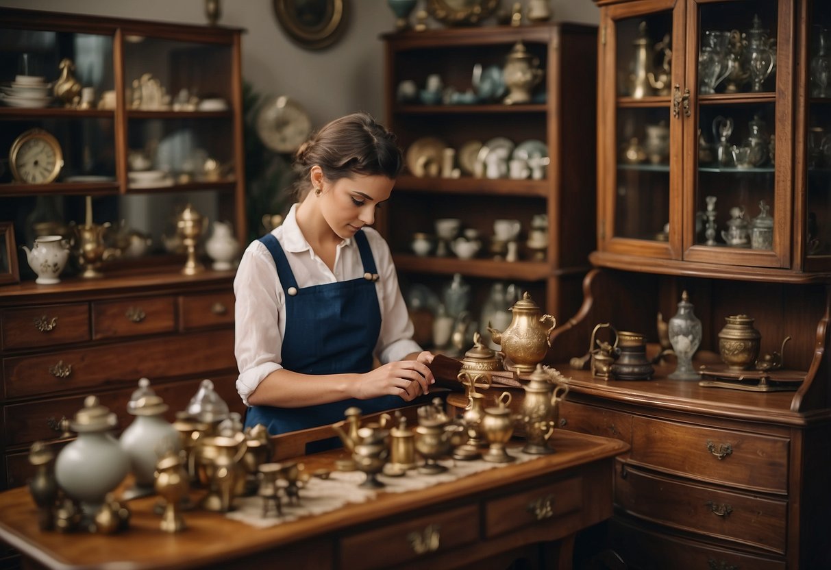 A person carefully choosing antique furniture for a nursery, surrounded by vintage home decor items